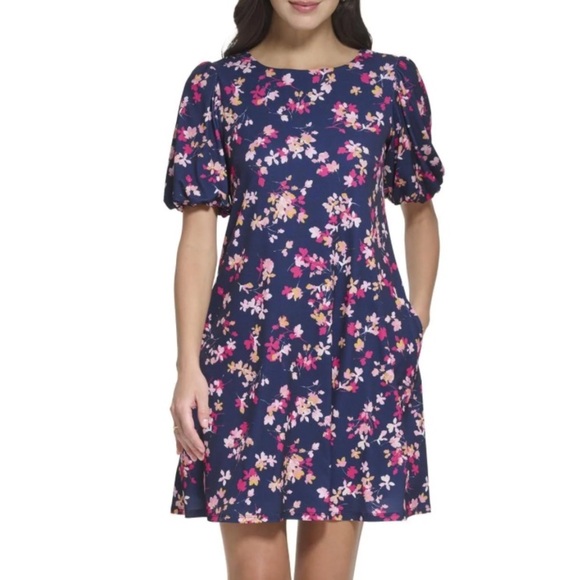 Jessica Howard 6 Petite Blue Floral Puff Sleeve Dress - Picture 1 of 7